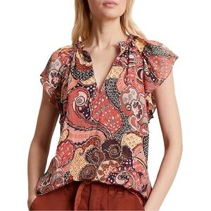Joie Woman Multicolor Paisley Floral Chiffon Flutter Sleeve V-Neck Top SMALL